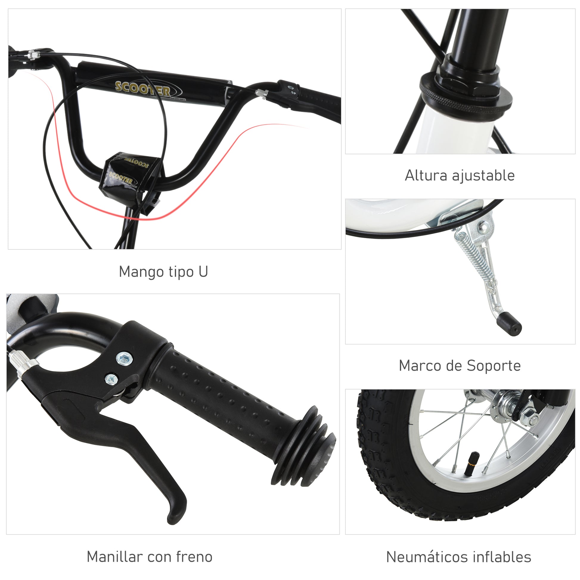 Scooter for Children Over 5 Years Old 2 Rubber Inflatable Tires with Handlebar Brakes Adjustable Non-Slip Pedal 120x58x85-95 cm White