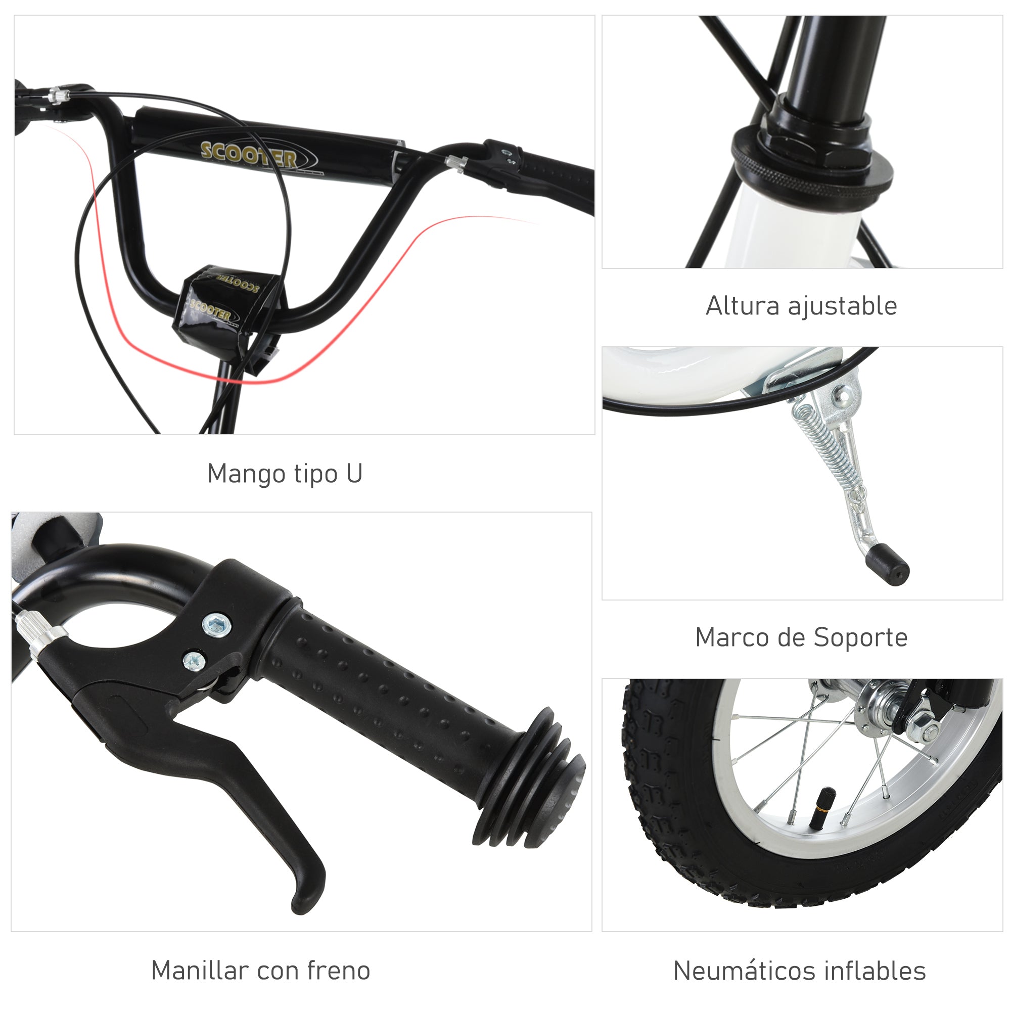 Scooter for Children Over 5 Years Old 2 Rubber Inflatable Tires with Handlebar Brakes Adjustable Non-Slip Pedal 120x58x85-95 cm White