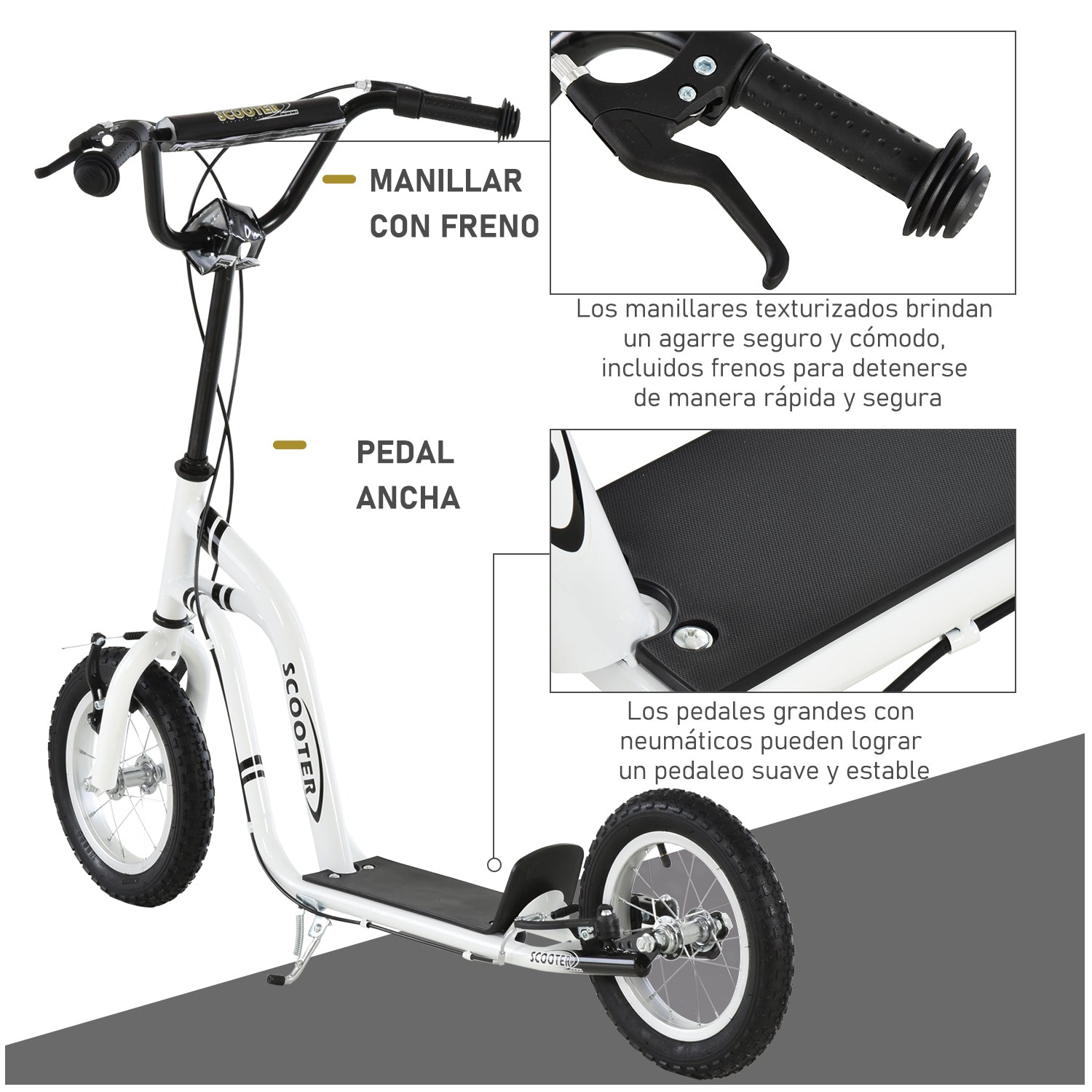 Scooter for Children Over 5 Years Old 2 Rubber Inflatable Tires with Handlebar Brakes Adjustable Non-Slip Pedal 120x58x85-95 cm White
