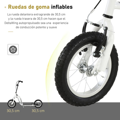 Scooter for Children Over 5 Years Old 2 Rubber Inflatable Tires with Handlebar Brakes Adjustable Non-Slip Pedal 120x58x85-95 cm White