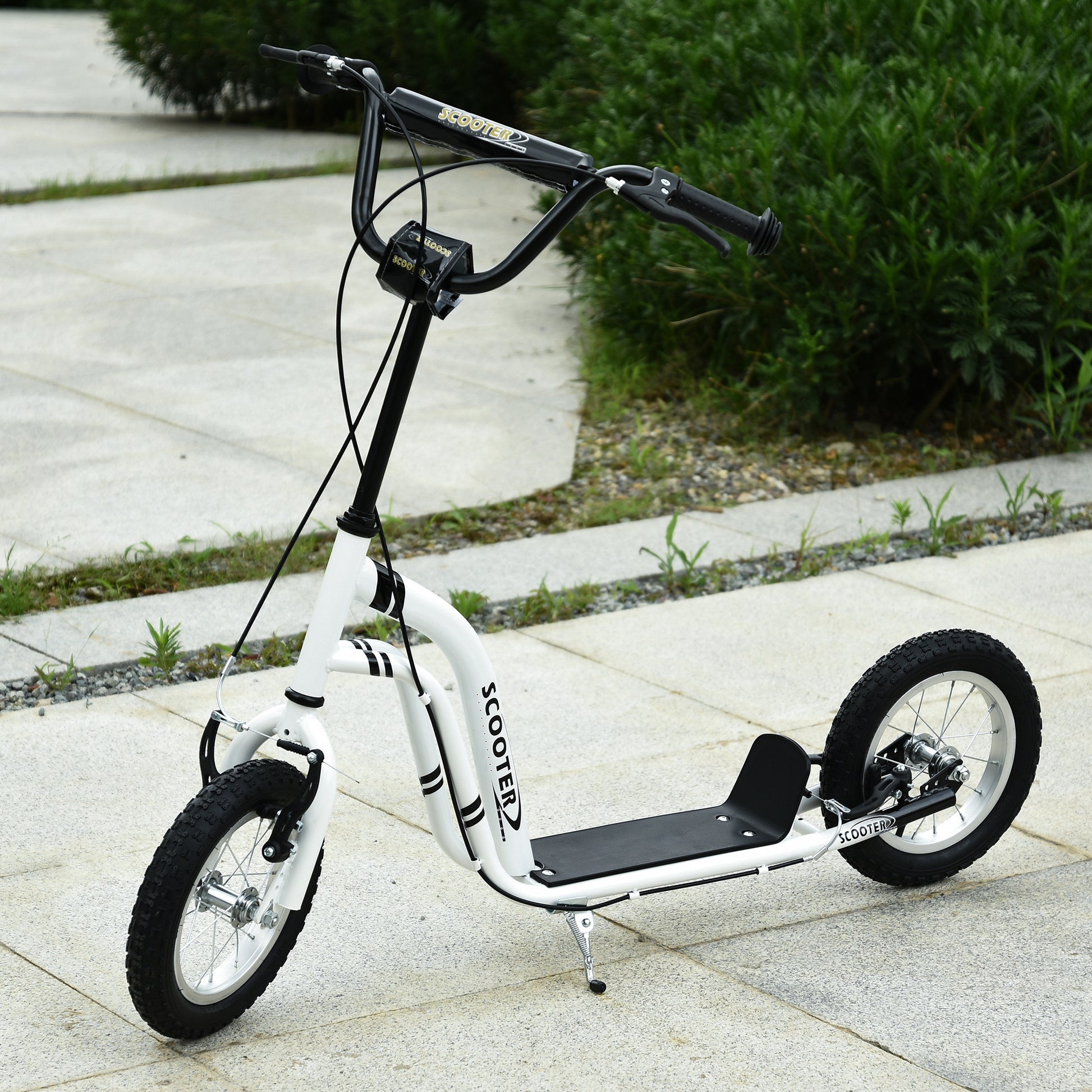 Scooter for Children Over 5 Years Old 2 Rubber Inflatable Tires with Handlebar Brakes Adjustable Non-Slip Pedal 120x58x85-95 cm White