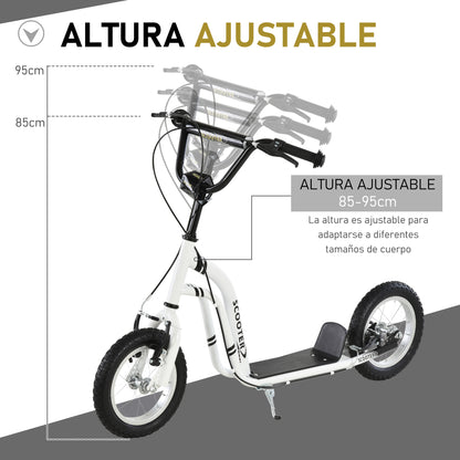 Scooter for Children Over 5 Years Old 2 Rubber Inflatable Tires with Handlebar Brakes Adjustable Non-Slip Pedal 120x58x85-95 cm White