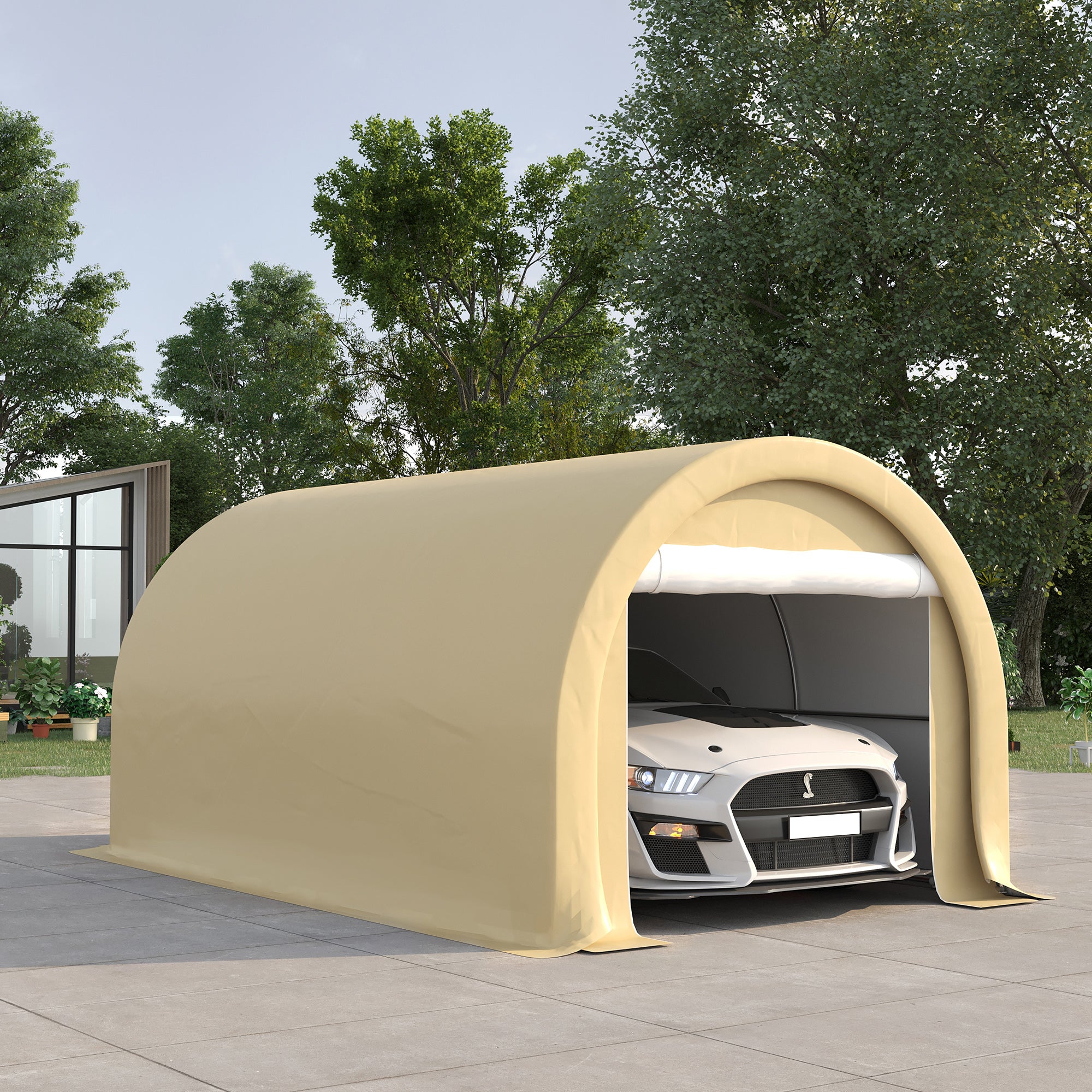 Carport Garage Tent 5 x 3 x 2.4 m, Outdoor Car Shelter, Storage Tent with Zippered Roll-up Door, Galvanized Steel, High Density PE 190 g/m², Beige