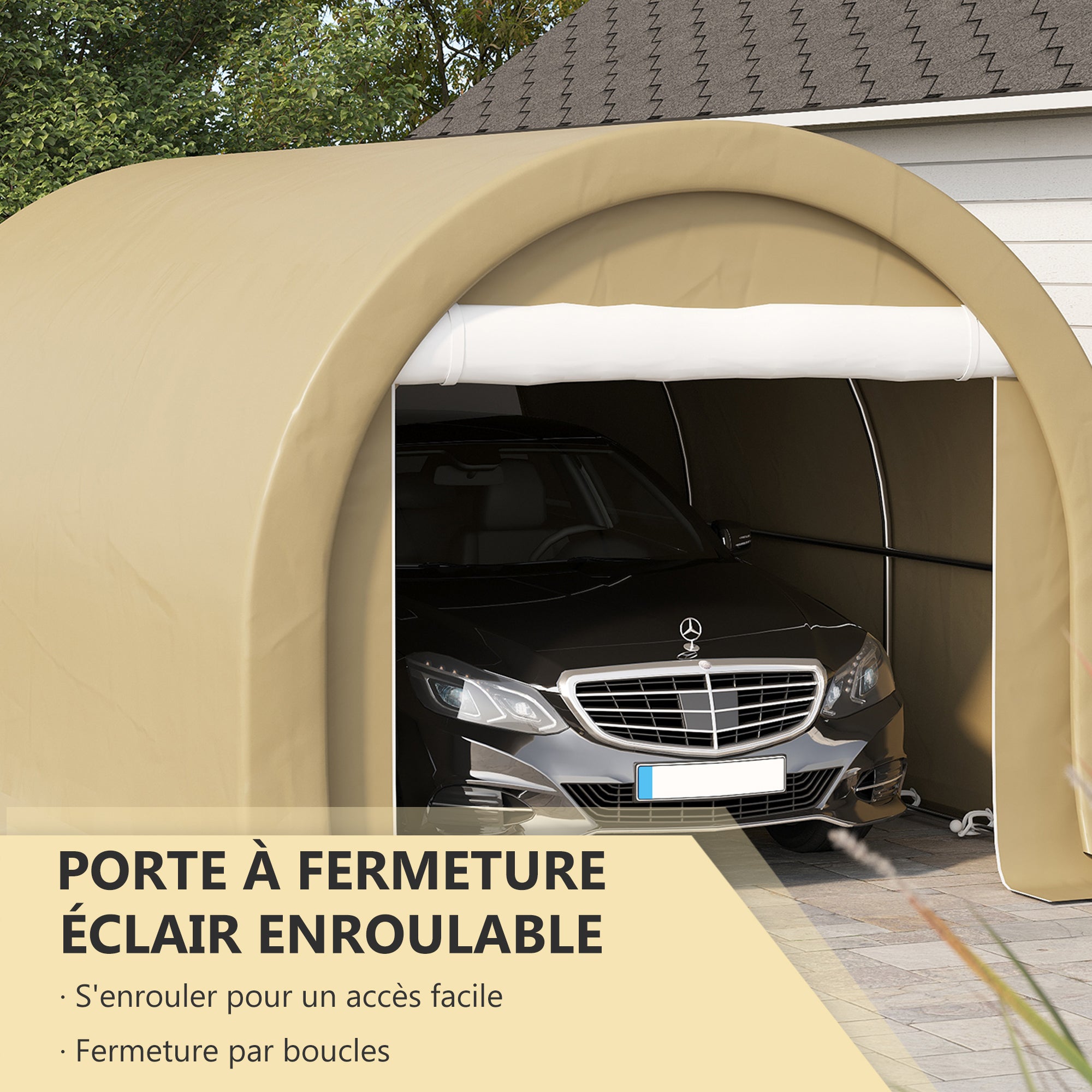 Carport Garage Tent 5 x 3 x 2.4 m, Outdoor Car Shelter, Storage Tent with Zippered Roll-up Door, Galvanized Steel, High Density PE 190 g/m², Beige