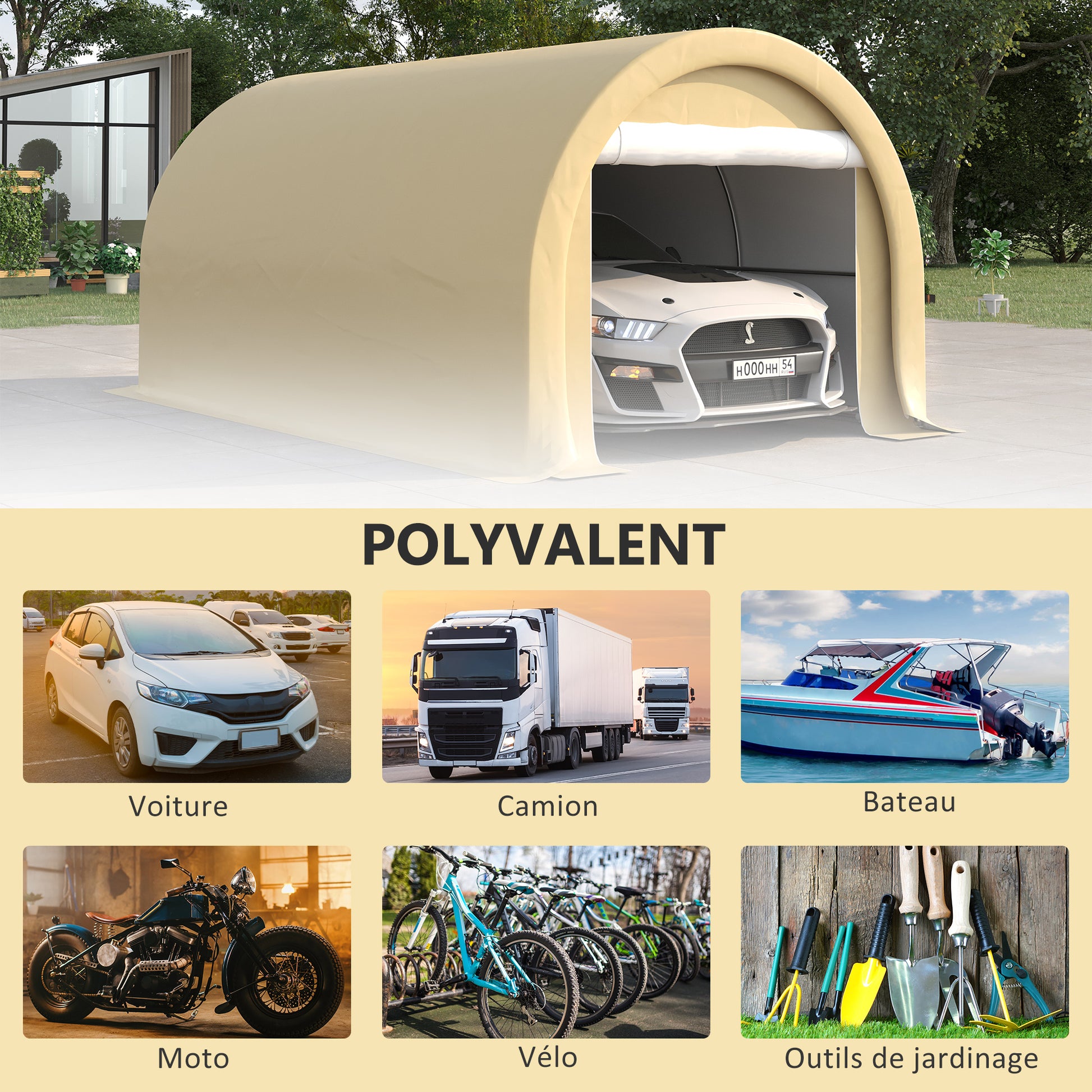 Carport Garage Tent 5 x 3 x 2.4 m, Outdoor Car Shelter, Storage Tent with Zippered Roll-up Door, Galvanized Steel, High Density PE 190 g/m², Beige