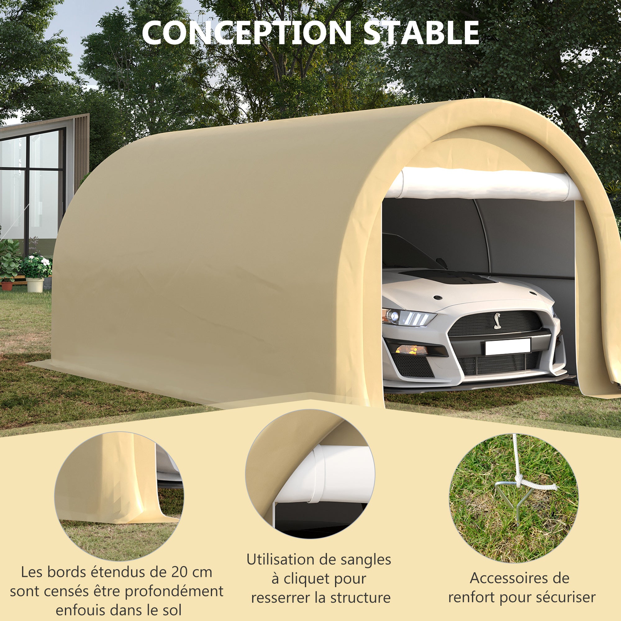 Carport Garage Tent 5 x 3 x 2.4 m, Outdoor Car Shelter, Storage Tent with Zippered Roll-up Door, Galvanized Steel, High Density PE 190 g/m², Beige