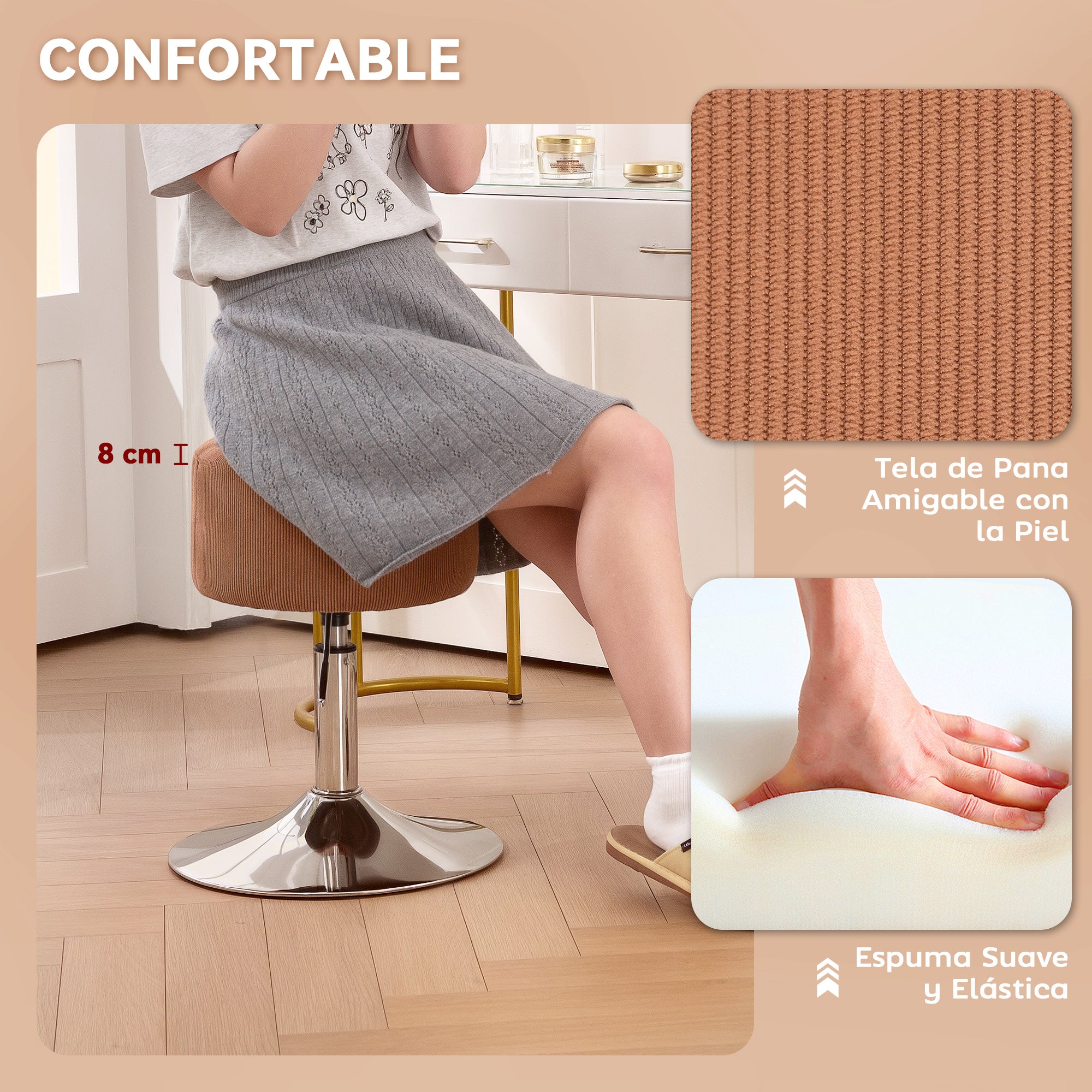 Bar Stool High Kitchen Stool Adjustable Height 52-66 cm Upholstered in Velvet 360° Swivel for Dining Counter Dressing Table Brown