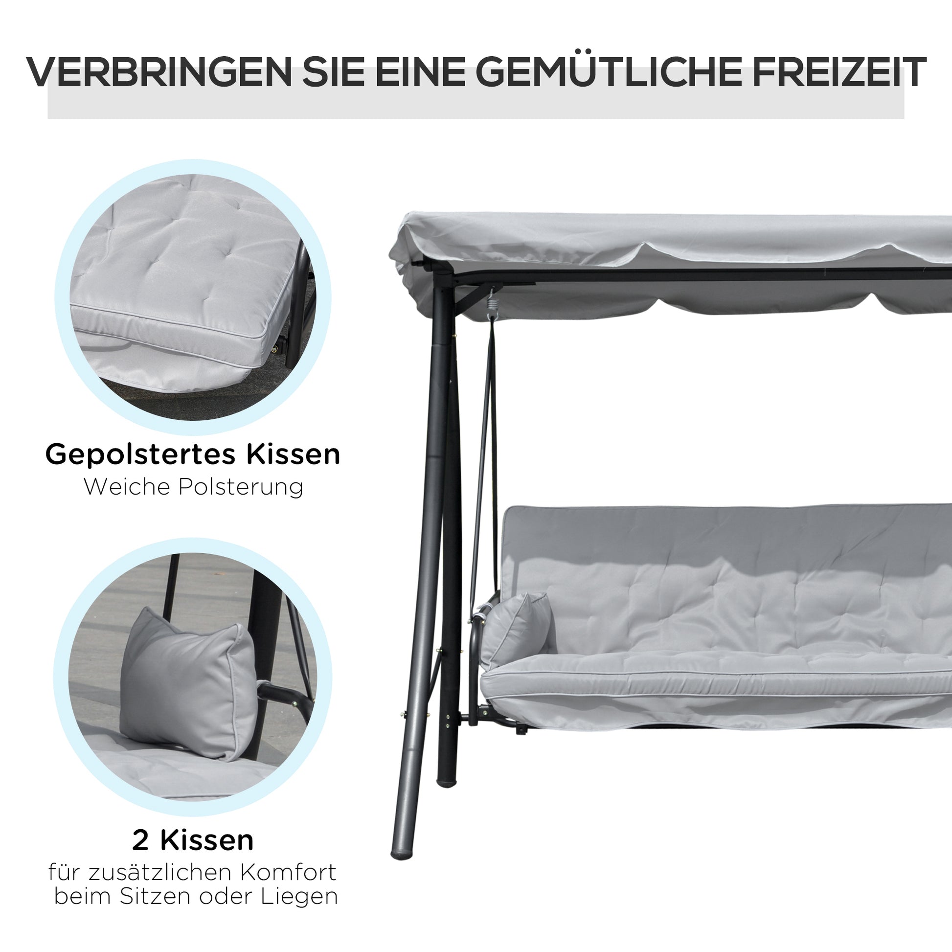 Hollywood Swing Garden Swing Swing Bench with Reclining Function, 3 Seater, Metal+Polyester, Gray, 209 x 114 x 170 cm