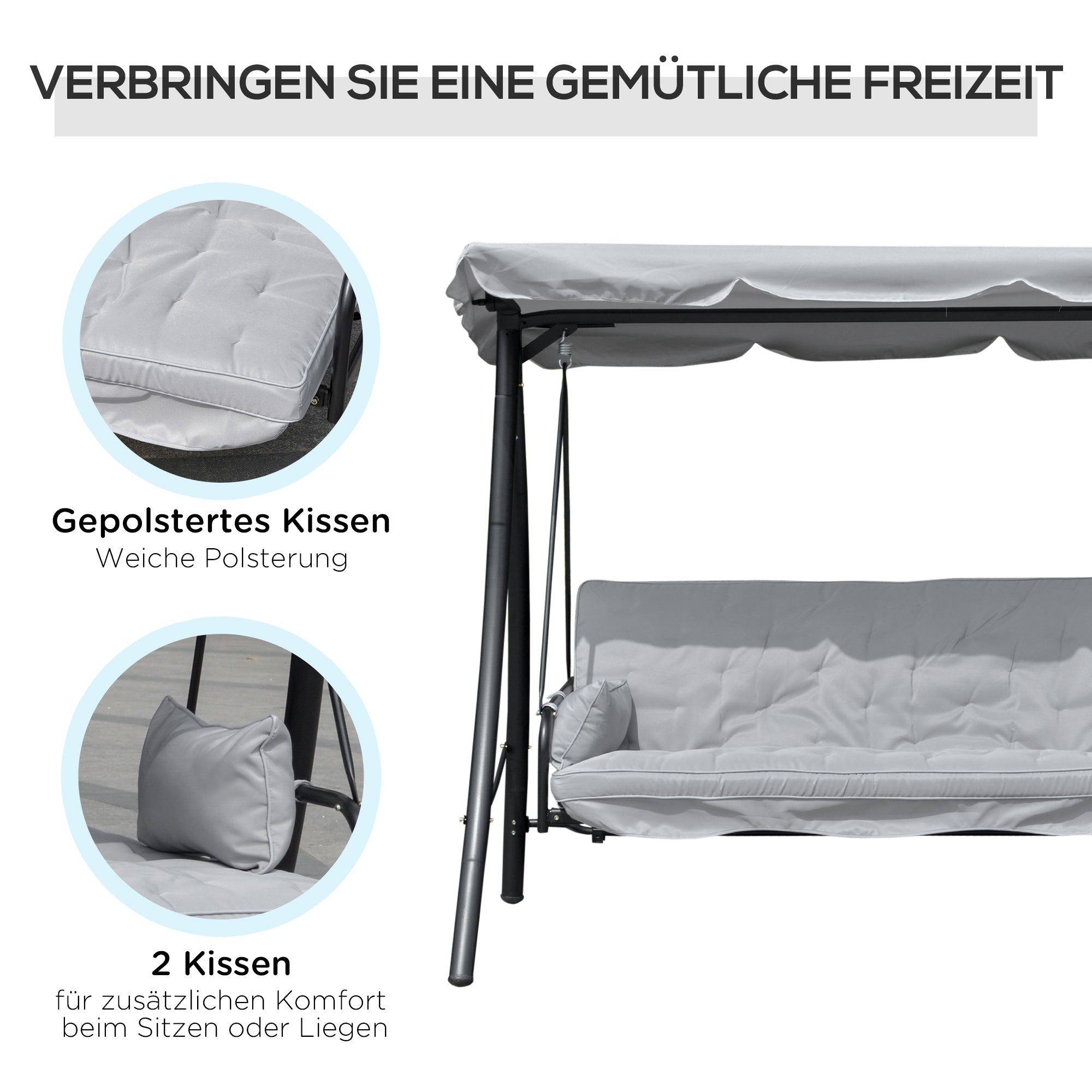Hollywood Swing Garden Swing Swing Bench with Reclining Function, 3 Seater, Metal+Polyester, Gray, 209 x 114 x 170 cm
