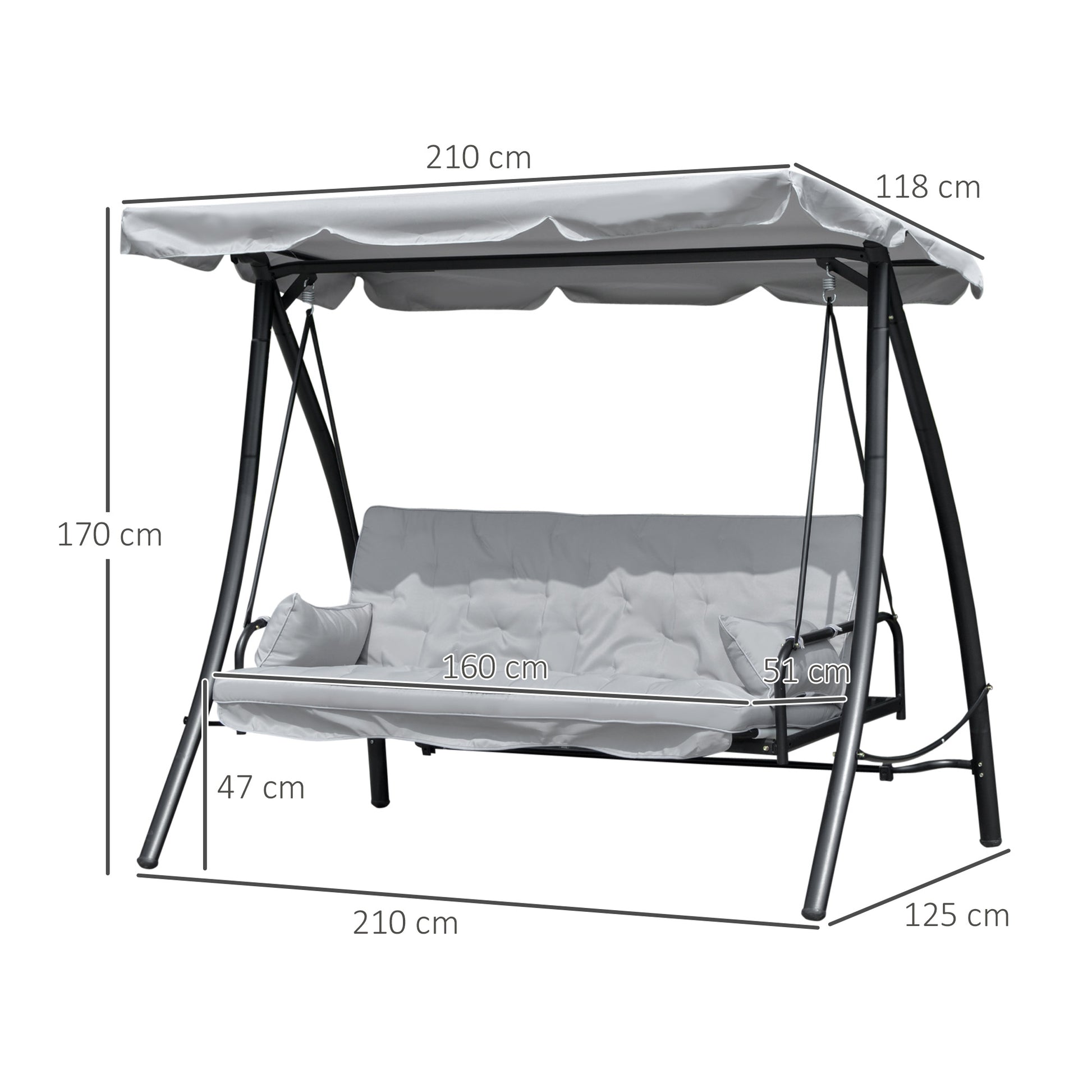 Hollywood Swing Garden Swing Swing Bench with Reclining Function, 3 Seater, Metal+Polyester, Gray, 209 x 114 x 170 cm