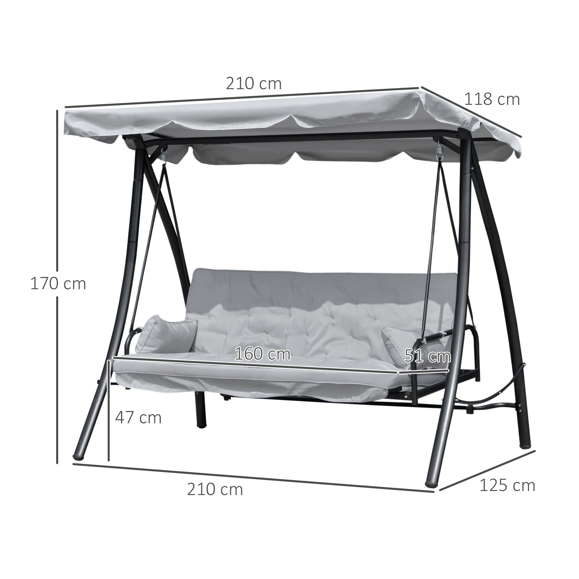 Hollywood Swing Garden Swing Swing Bench with Reclining Function, 3 Seater, Metal+Polyester, Gray, 209 x 114 x 170 cm
