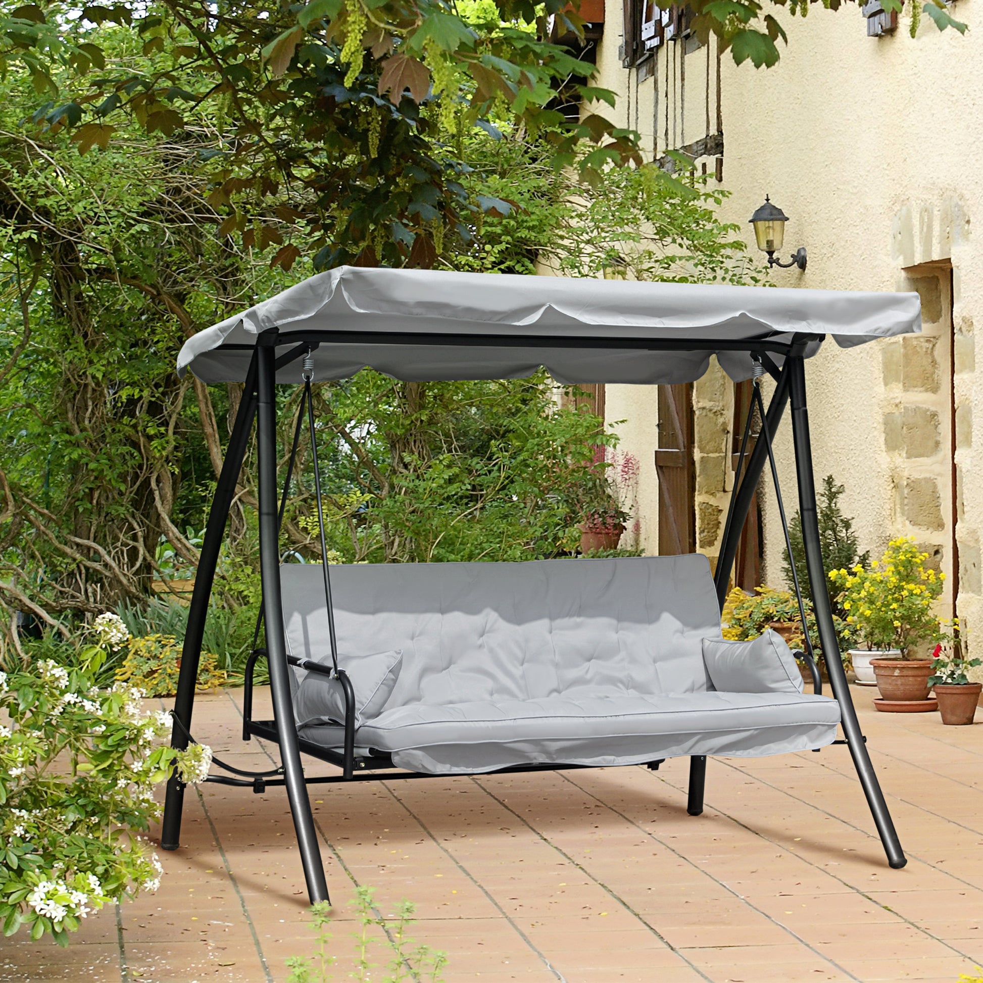 Hollywood Swing Garden Swing Swing Bench with Reclining Function, 3 Seater, Metal+Polyester, Gray, 209 x 114 x 170 cm