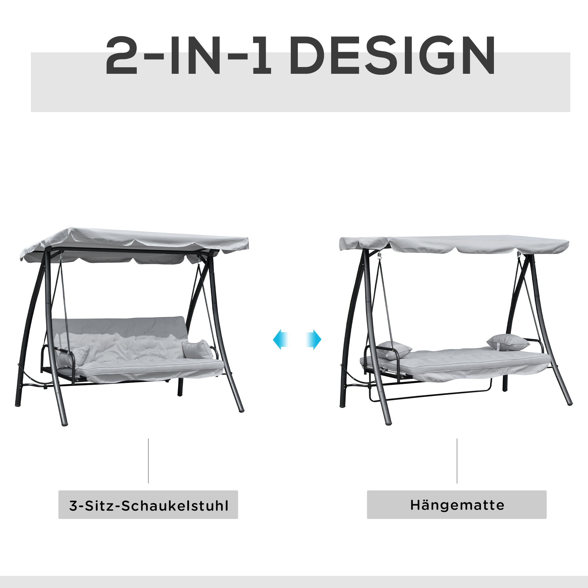 Hollywood Swing Garden Swing Swing Bench with Reclining Function, 3 Seater, Metal+Polyester, Gray, 209 x 114 x 170 cm