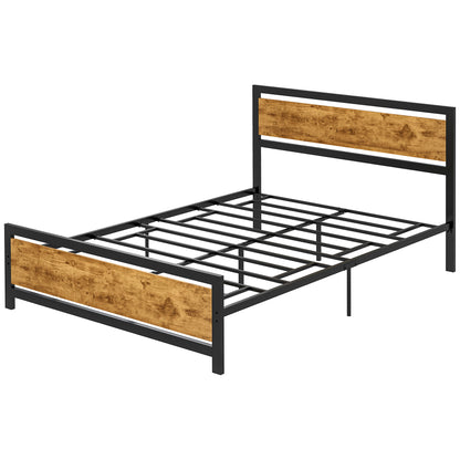 Single Bed Frame in Wood and Steel 147x208x103cm, Integrated Slats and Industrial Style Headboard, Black and Rustic Brown