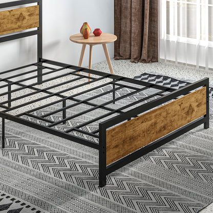 Single Bed Frame in Wood and Steel 147x208x103cm, Integrated Slats and Industrial Style Headboard, Black and Rustic Brown