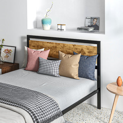 Single Bed Frame in Wood and Steel 147x208x103cm, Integrated Slats and Industrial Style Headboard, Black and Rustic Brown