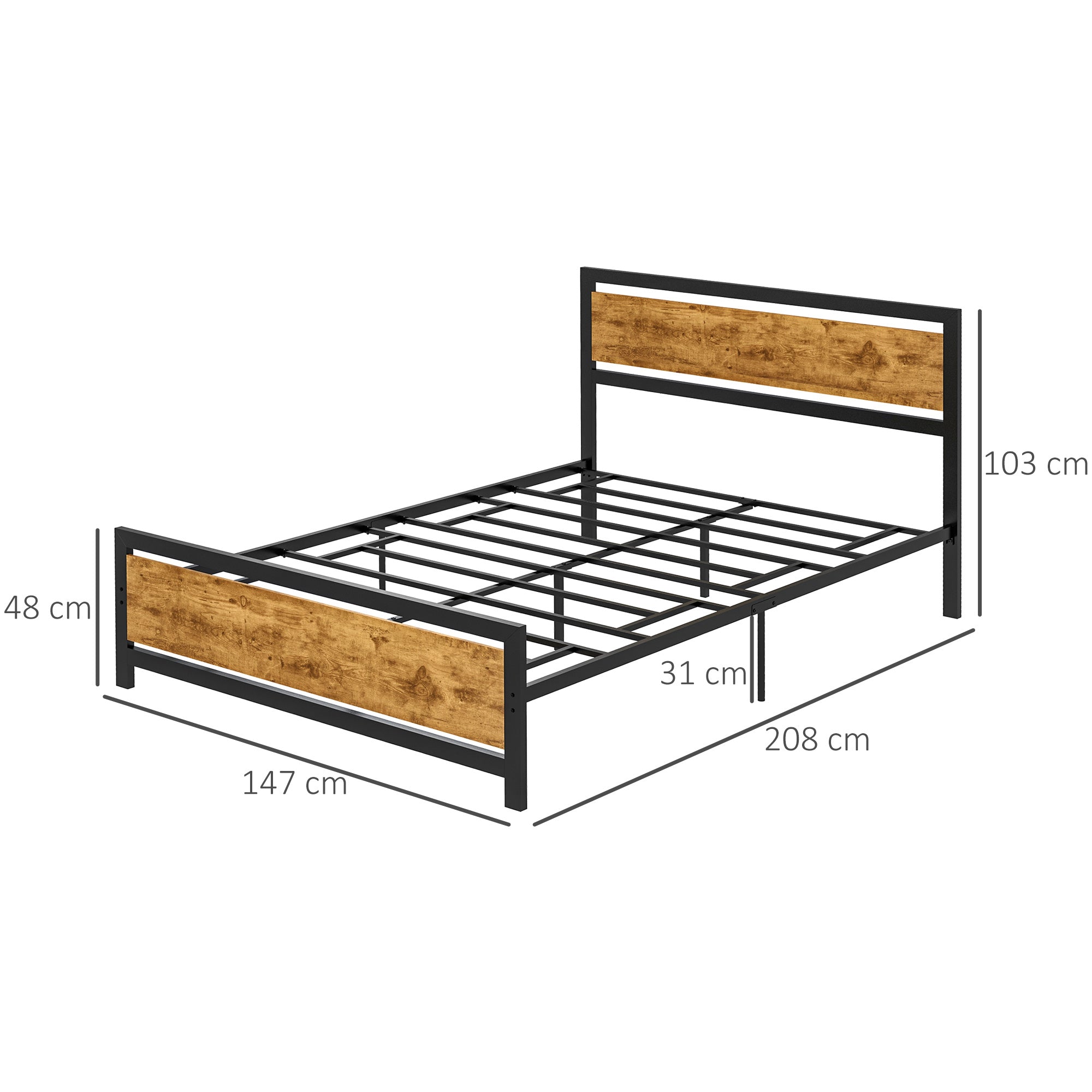 Single Bed Frame in Wood and Steel 147x208x103cm, Integrated Slats and Industrial Style Headboard, Black and Rustic Brown
