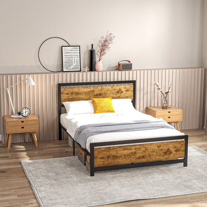 Single Bed Frame in Wood and Steel 147x208x103cm, Integrated Slats and Industrial Style Headboard, Black and Rustic Brown