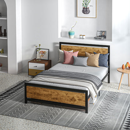 Single Bed Frame in Wood and Steel 147x208x103cm, Integrated Slats and Industrial Style Headboard, Black and Rustic Brown