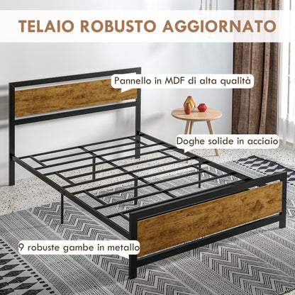 Single Bed Frame in Wood and Steel 147x208x103cm, Integrated Slats and Industrial Style Headboard, Black and Rustic Brown