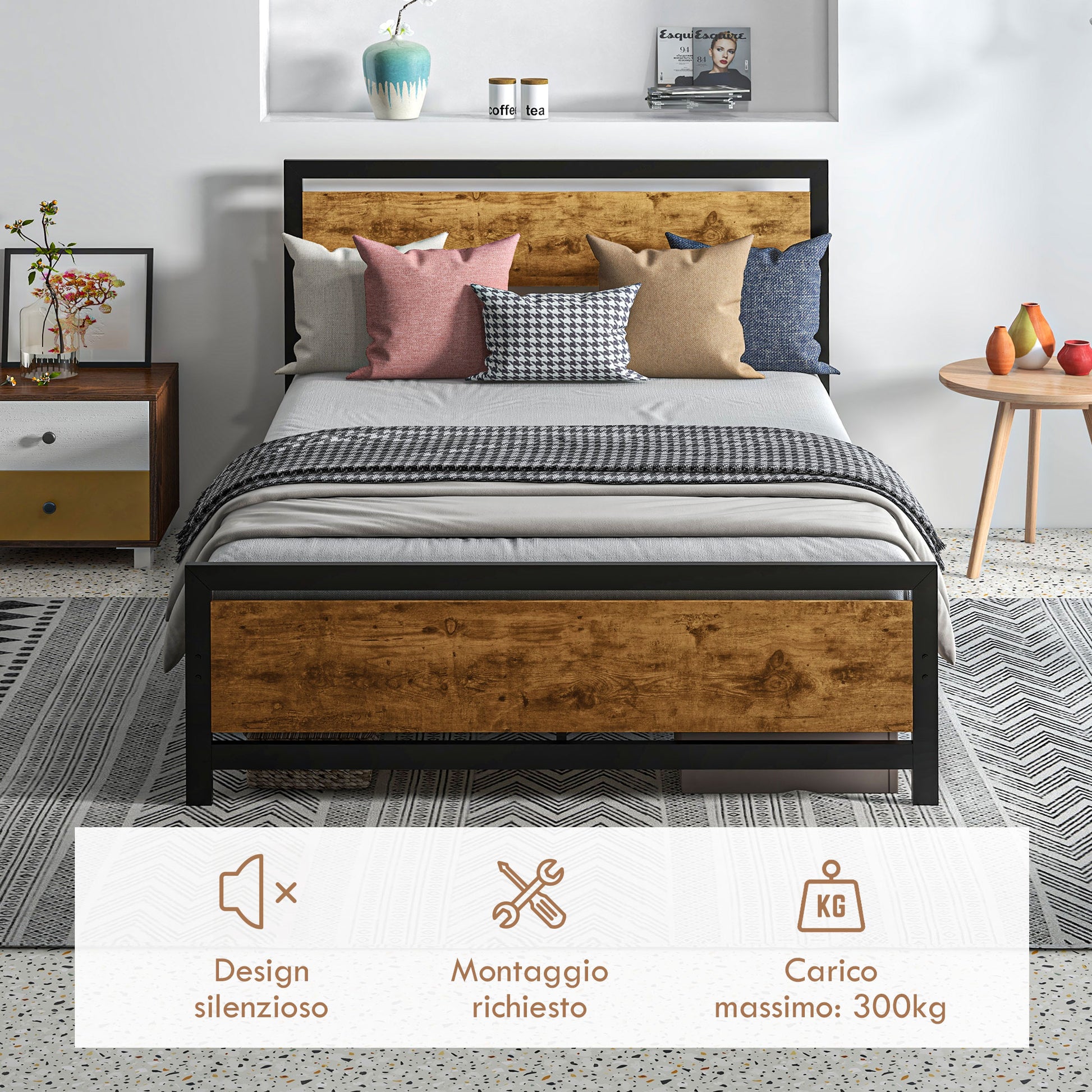 Single Bed Frame in Wood and Steel 147x208x103cm, Integrated Slats and Industrial Style Headboard, Black and Rustic Brown