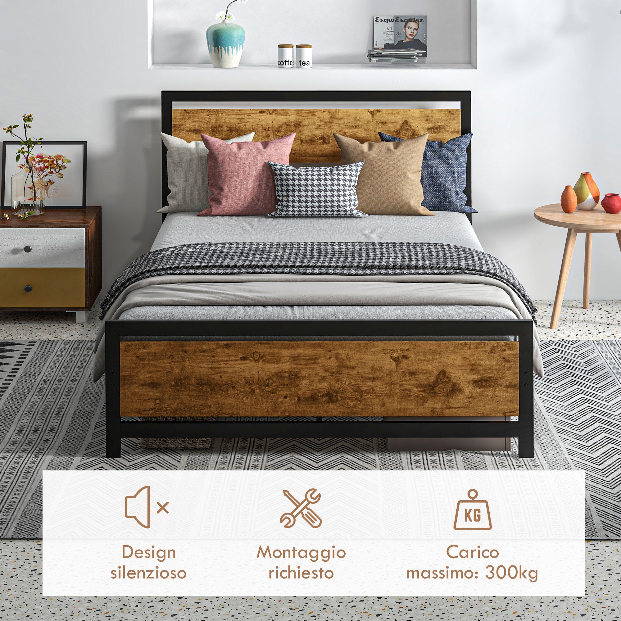 Single Bed Frame in Wood and Steel 147x208x103cm, Integrated Slats and Industrial Style Headboard, Black and Rustic Brown