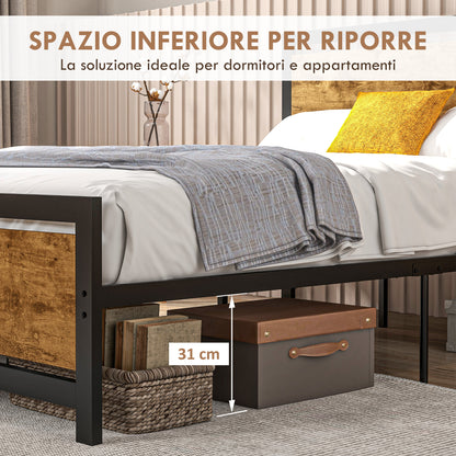 Single Bed Frame in Wood and Steel 147x208x103cm, Integrated Slats and Industrial Style Headboard, Black and Rustic Brown