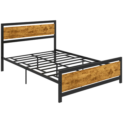 Single Bed Frame in Wood and Steel 147x208x103cm, Integrated Slats and Industrial Style Headboard, Black and Rustic Brown