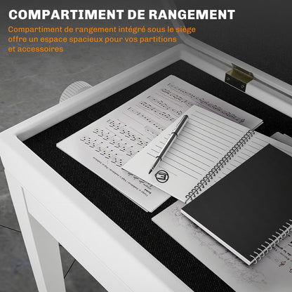 Piano Bench, Height Adjustable Solid Wood Keyboard Bench, Piano Stool with Storage Compartment, Polyurethane Upholstered Seat with 10 Buttons, Stable and Non-slip, White