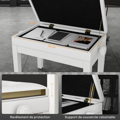 Piano Bench, Height Adjustable Solid Wood Keyboard Bench, Piano Stool with Storage Compartment, Polyurethane Upholstered Seat with 10 Buttons, Stable and Non-slip, White