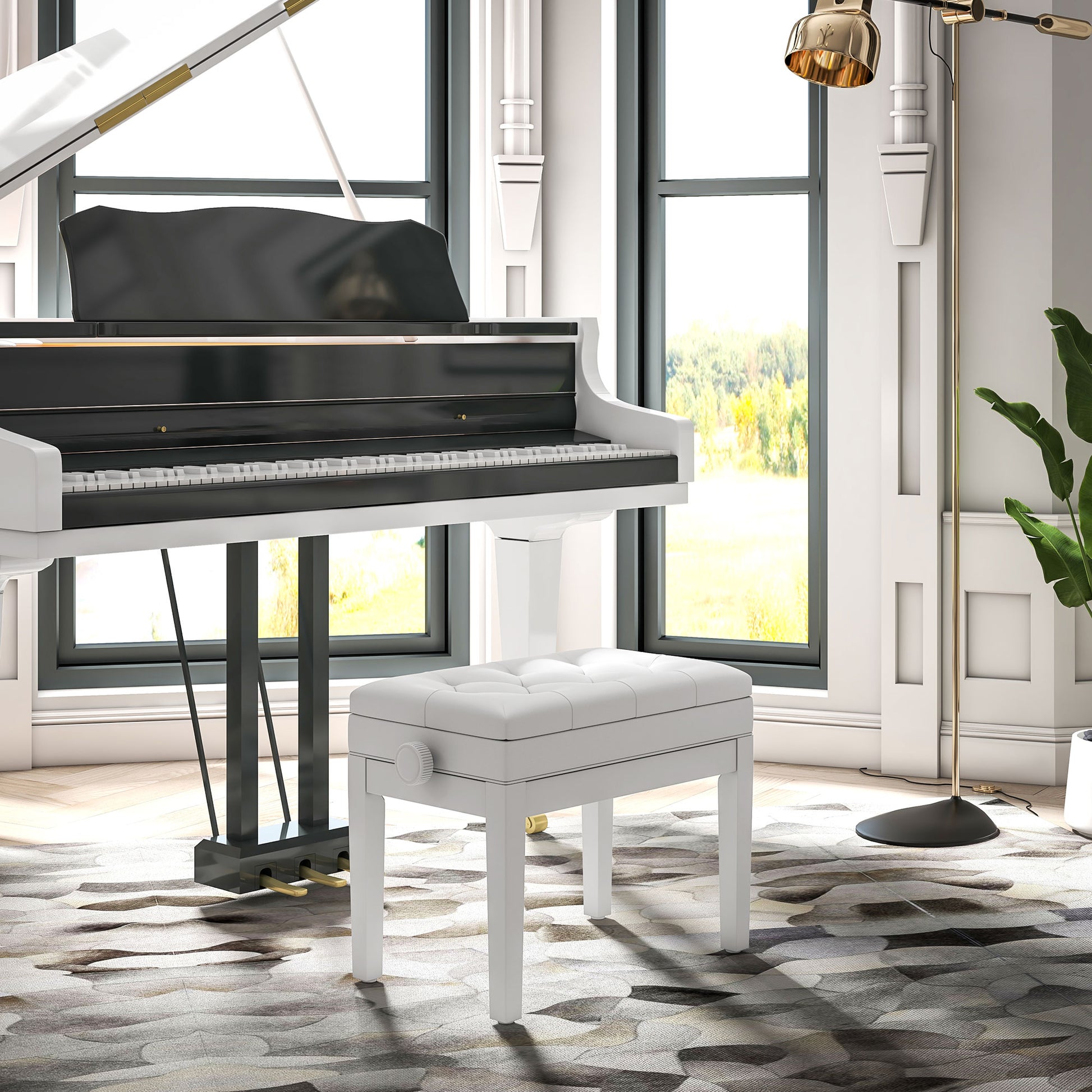 Piano Bench, Height Adjustable Solid Wood Keyboard Bench, Piano Stool with Storage Compartment, Polyurethane Upholstered Seat with 10 Buttons, Stable and Non-slip, White