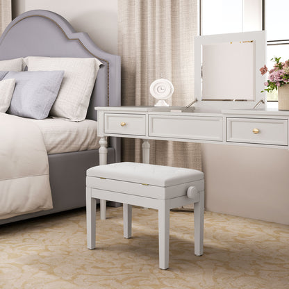 Piano Bench, Height Adjustable Solid Wood Keyboard Bench, Piano Stool with Storage Compartment, Polyurethane Upholstered Seat with 10 Buttons, Stable and Non-slip, White