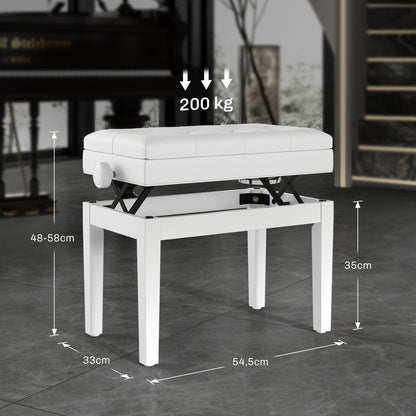 Piano Bench, Height Adjustable Solid Wood Keyboard Bench, Piano Stool with Storage Compartment, Polyurethane Upholstered Seat with 10 Buttons, Stable and Non-slip, White