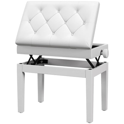 Piano Bench, Height Adjustable Solid Wood Keyboard Bench, Piano Stool with Storage Compartment, Polyurethane Upholstered Seat with 10 Buttons, Stable and Non-slip, White