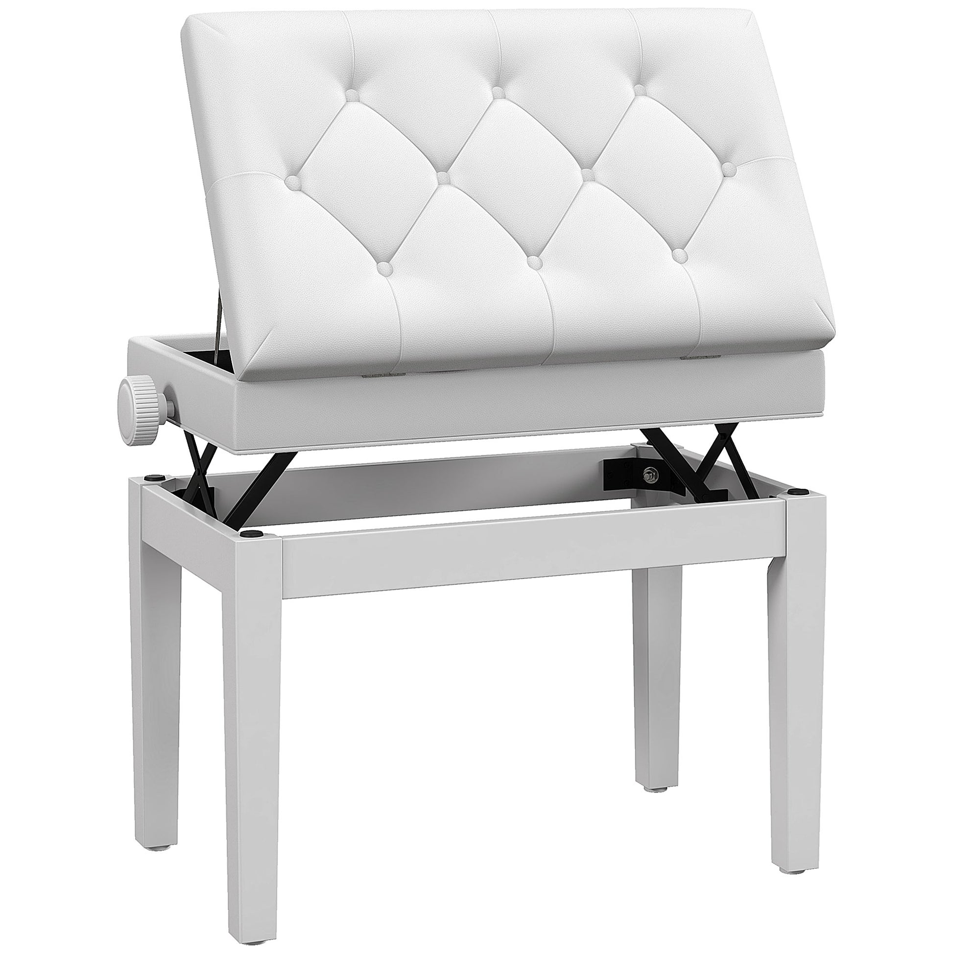 Piano Bench, Height Adjustable Solid Wood Keyboard Bench, Piano Stool with Storage Compartment, Polyurethane Upholstered Seat with 10 Buttons, Stable and Non-slip, White