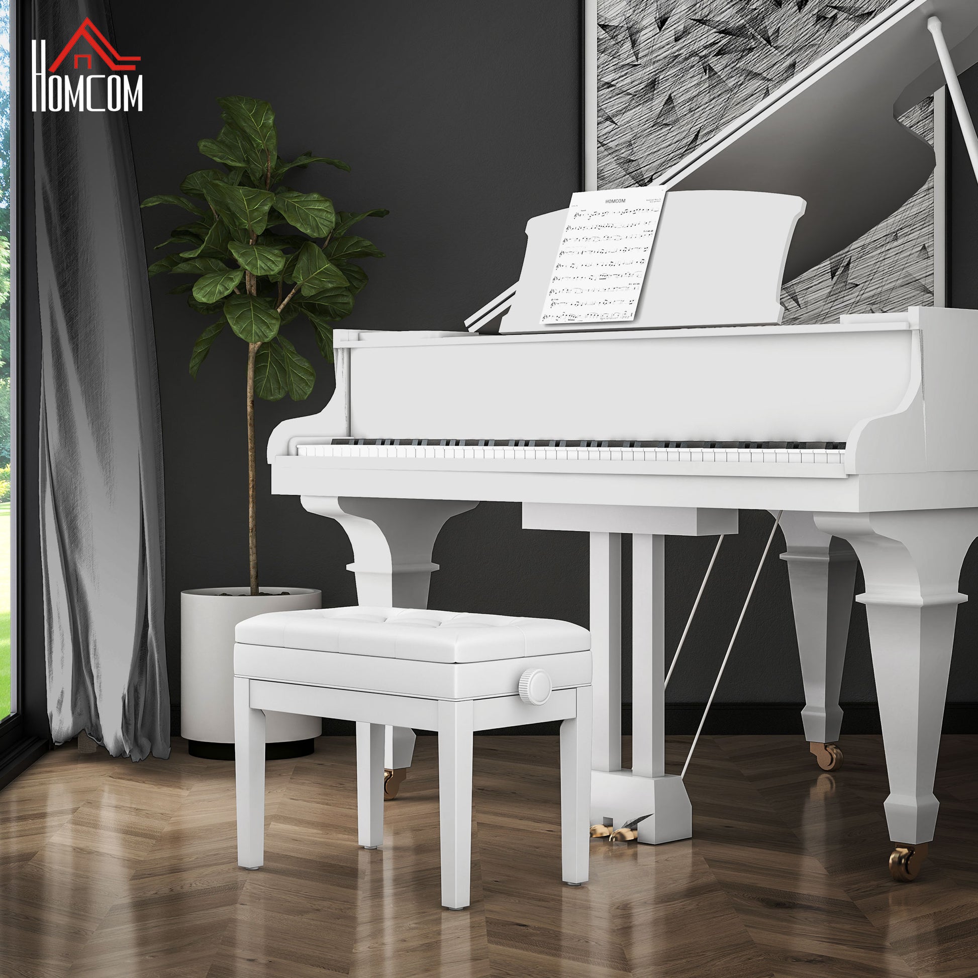 Piano Bench, Height Adjustable Solid Wood Keyboard Bench, Piano Stool with Storage Compartment, Polyurethane Upholstered Seat with 10 Buttons, Stable and Non-slip, White