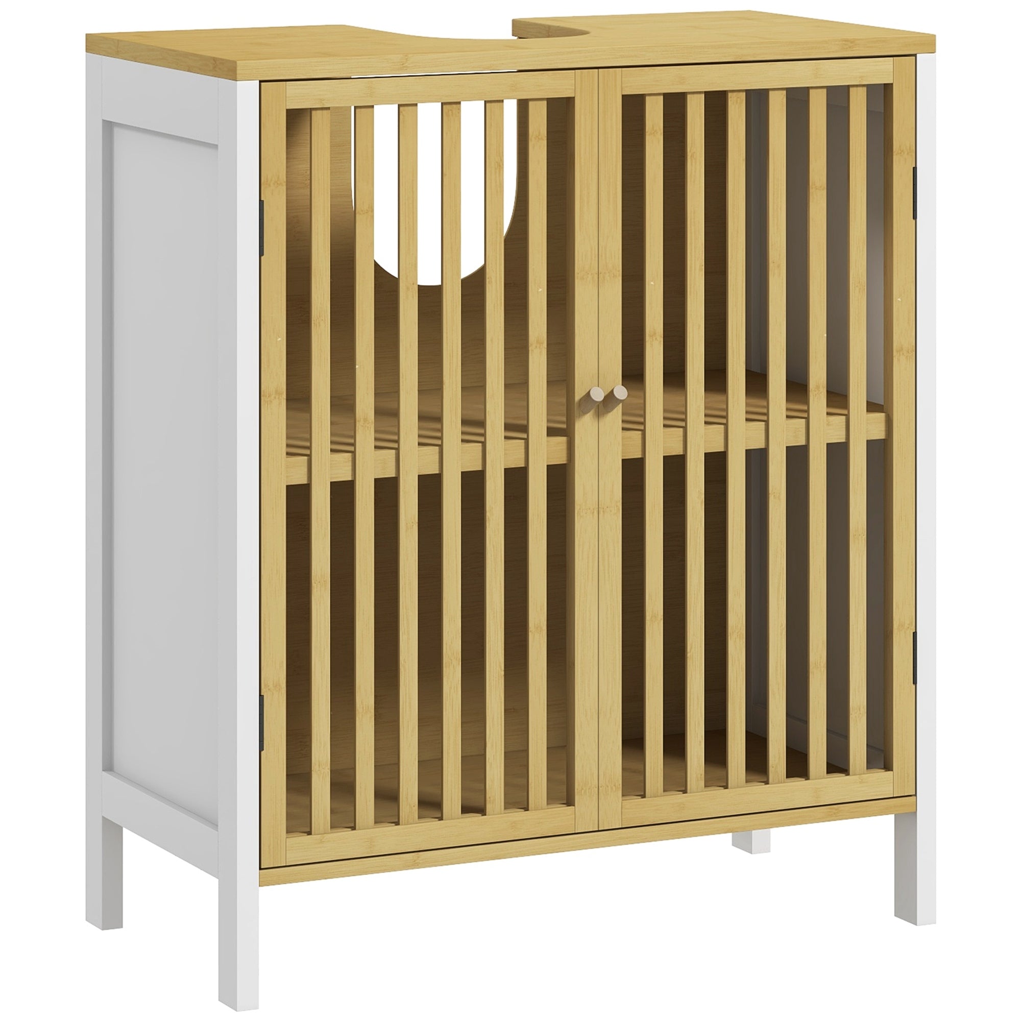 Under Sink Cabinet Bathroom Storage Cabinet with Double Door and Adjustable Shelf Load 30 kg 60x30x70 cm Natural and White