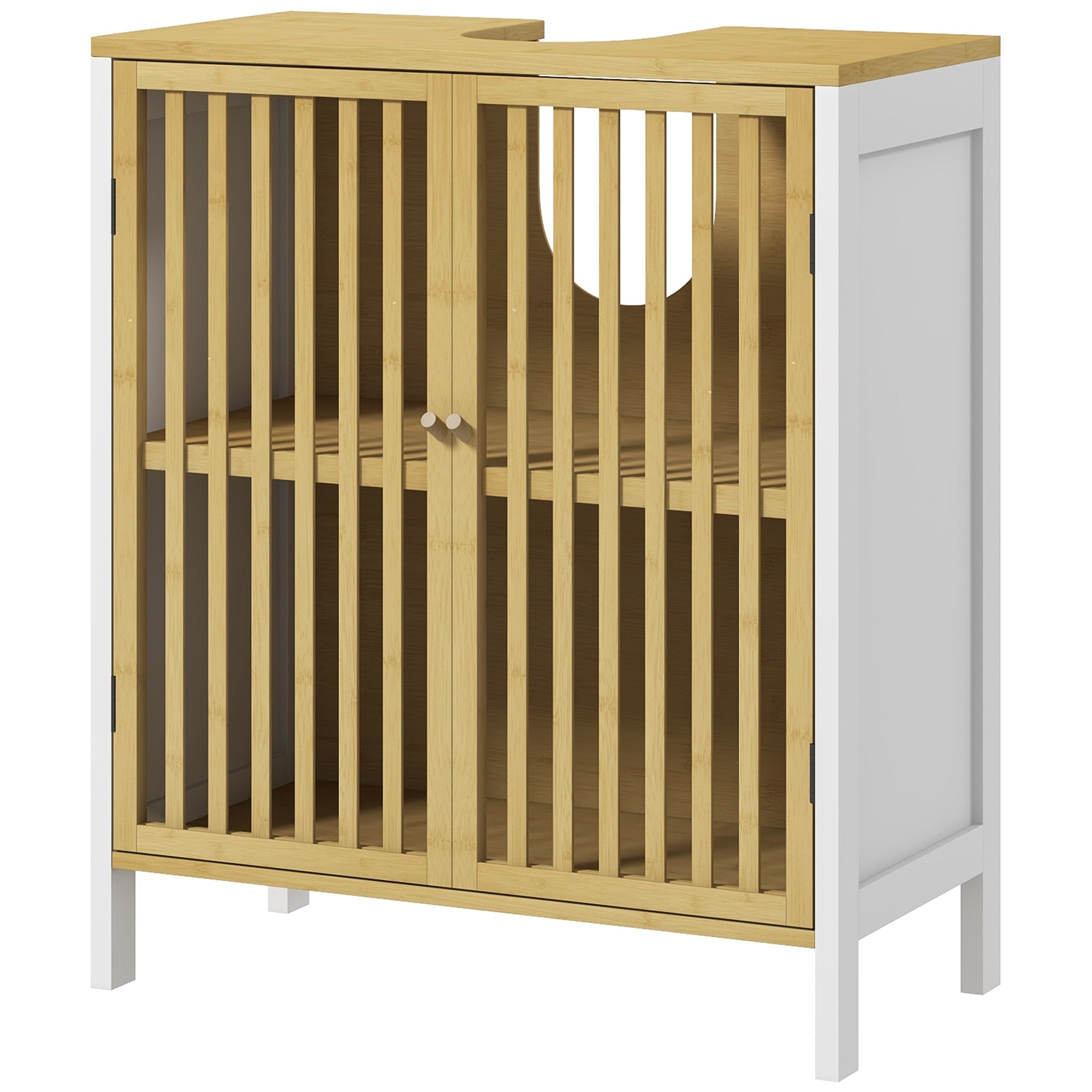 Under Sink Cabinet Bathroom Storage Cabinet with Double Door and Adjustable Shelf Load 30 kg 60x30x70 cm Natural and White