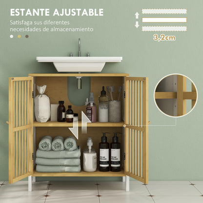 Under Sink Cabinet Bathroom Storage Cabinet with Double Door and Adjustable Shelf Load 30 kg 60x30x70 cm Natural and White