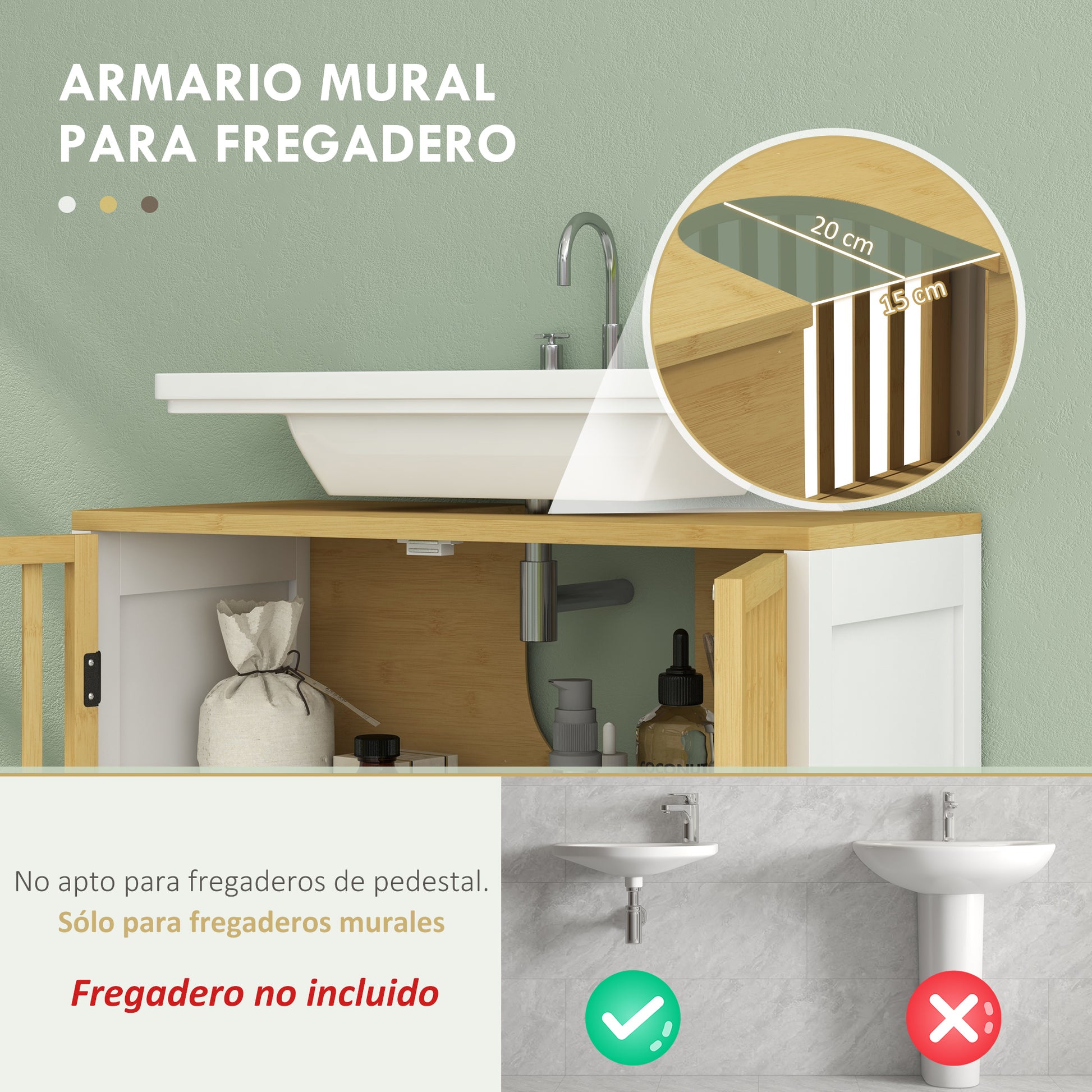 Under Sink Cabinet Bathroom Storage Cabinet with Double Door and Adjustable Shelf Load 30 kg 60x30x70 cm Natural and White