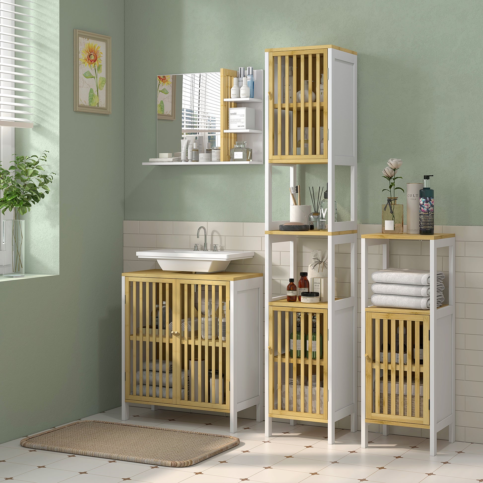 Under Sink Cabinet Bathroom Storage Cabinet with Double Door and Adjustable Shelf Load 30 kg 60x30x70 cm Natural and White