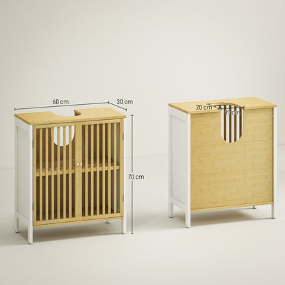 Under Sink Cabinet Bathroom Storage Cabinet with Double Door and Adjustable Shelf Load 30 kg 60x30x70 cm Natural and White