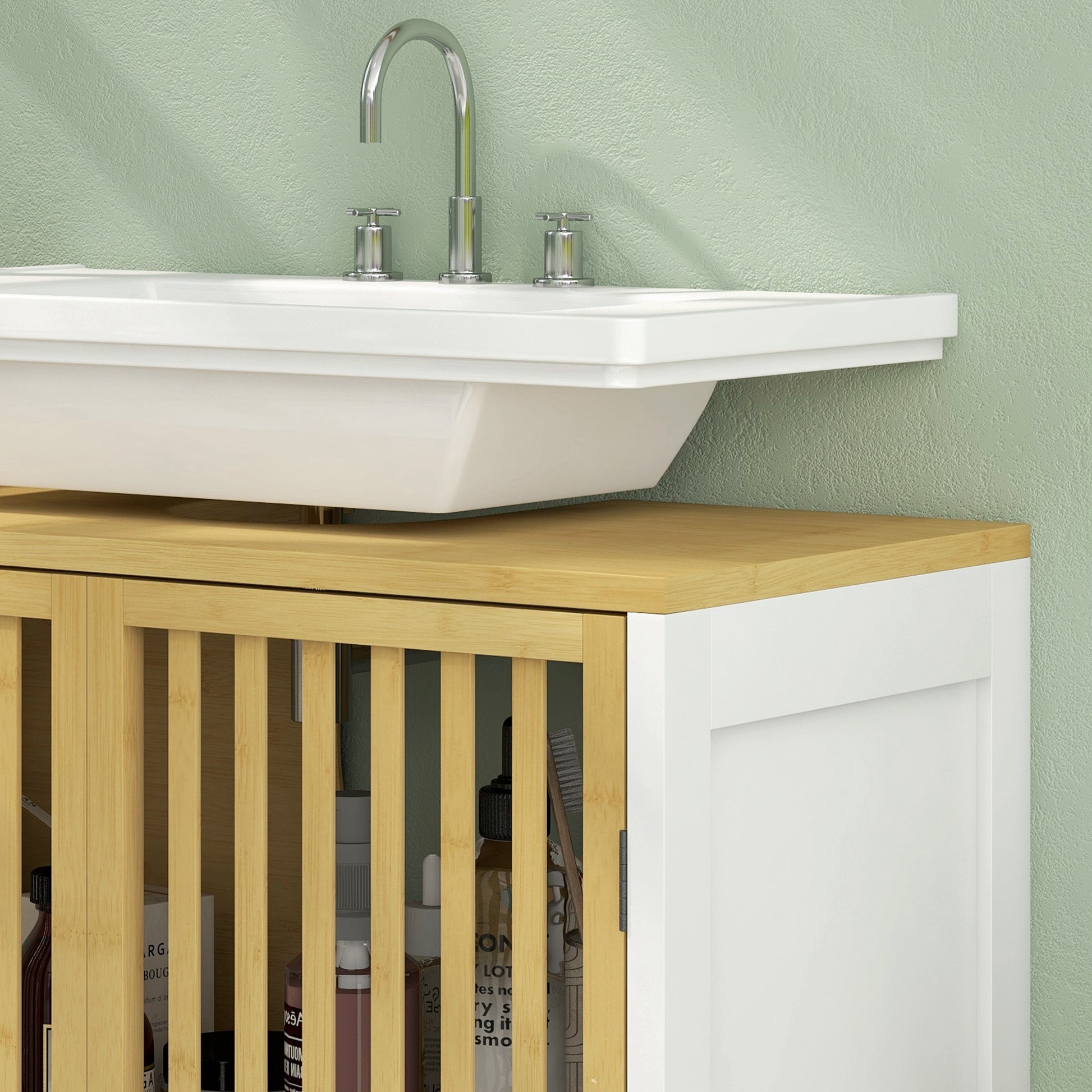Under Sink Cabinet Bathroom Storage Cabinet with Double Door and Adjustable Shelf Load 30 kg 60x30x70 cm Natural and White