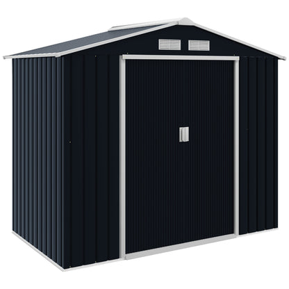 garden shed 2.42 m², garden house with pent roof, sliding door, foundation, 213 x 130 x 185 cm, tool shed made of galvanized steel, weatherproof, for garden, Dark grey