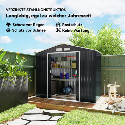 garden shed 2.42 m², garden house with pent roof, sliding door, foundation, 213 x 130 x 185 cm, tool shed made of galvanized steel, weatherproof, for garden, Dark grey