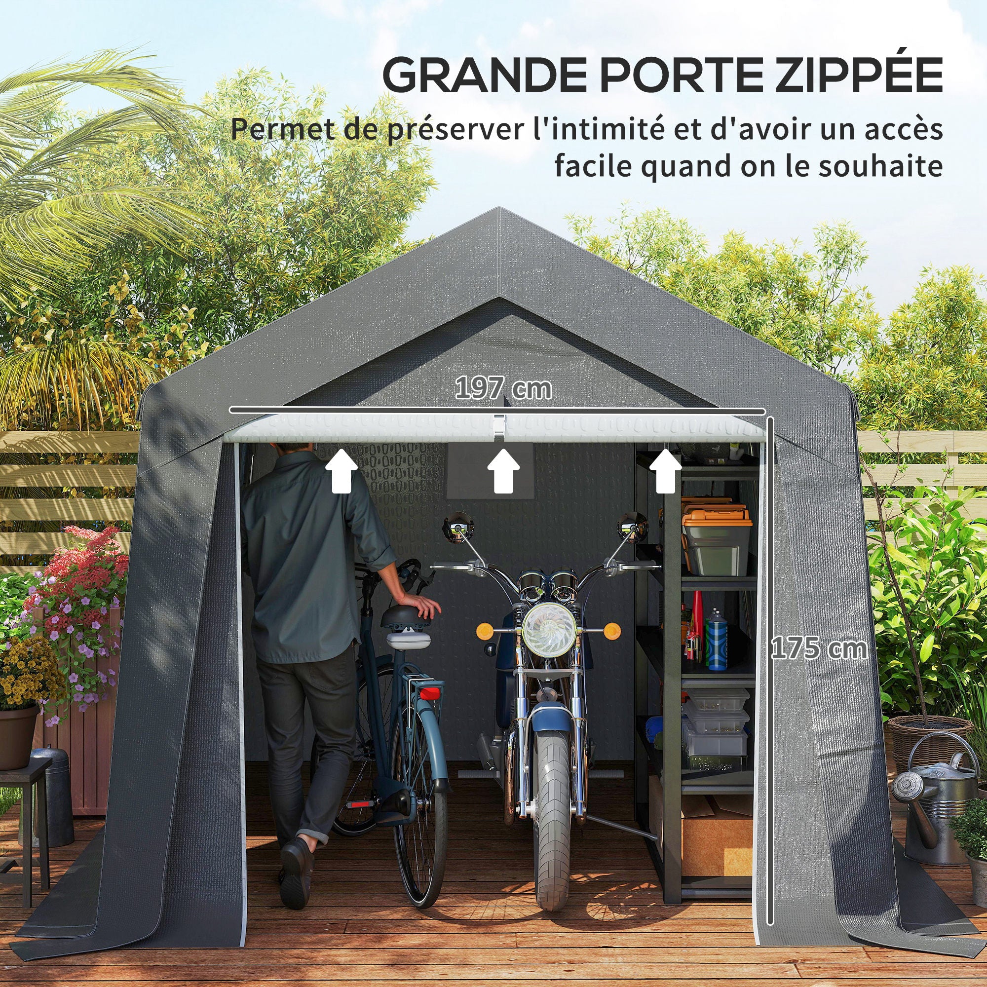 Garden Shed, Storage Tent, 3 x 3 m, Waterproof and UV-Resistant, Galvanized Steel Frame and Large Door, Bike Garage Shelter for Outdoor, Dark Gray