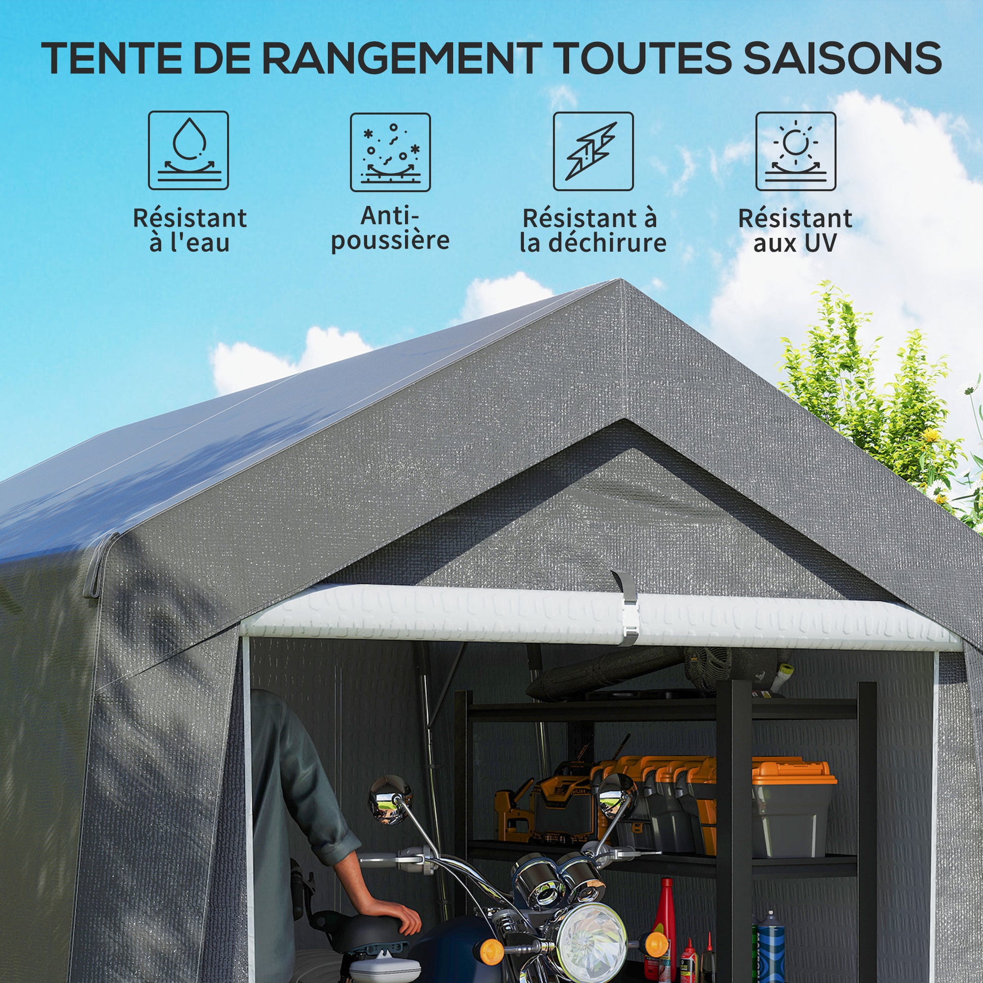 Garden Shed, Storage Tent, 3 x 3 m, Waterproof and UV-Resistant, Galvanized Steel Frame and Large Door, Bike Garage Shelter for Outdoor, Dark Gray