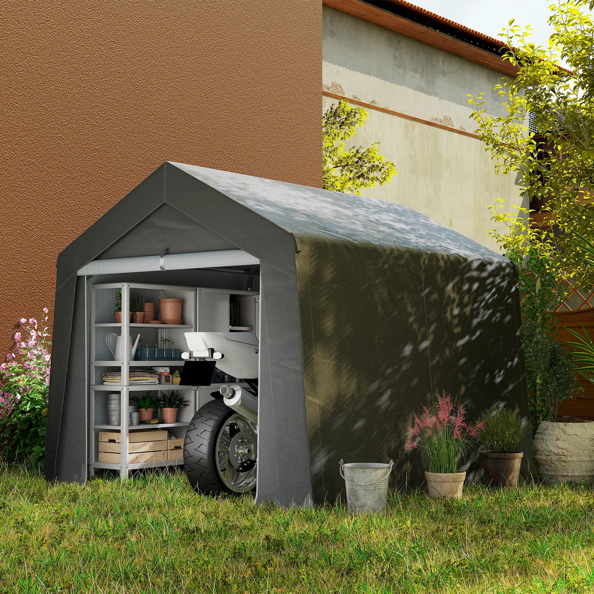 Garden Shed, Storage Tent, 3 x 3 m, Waterproof and UV-Resistant, Galvanized Steel Frame and Large Door, Bike Garage Shelter for Outdoor, Dark Gray