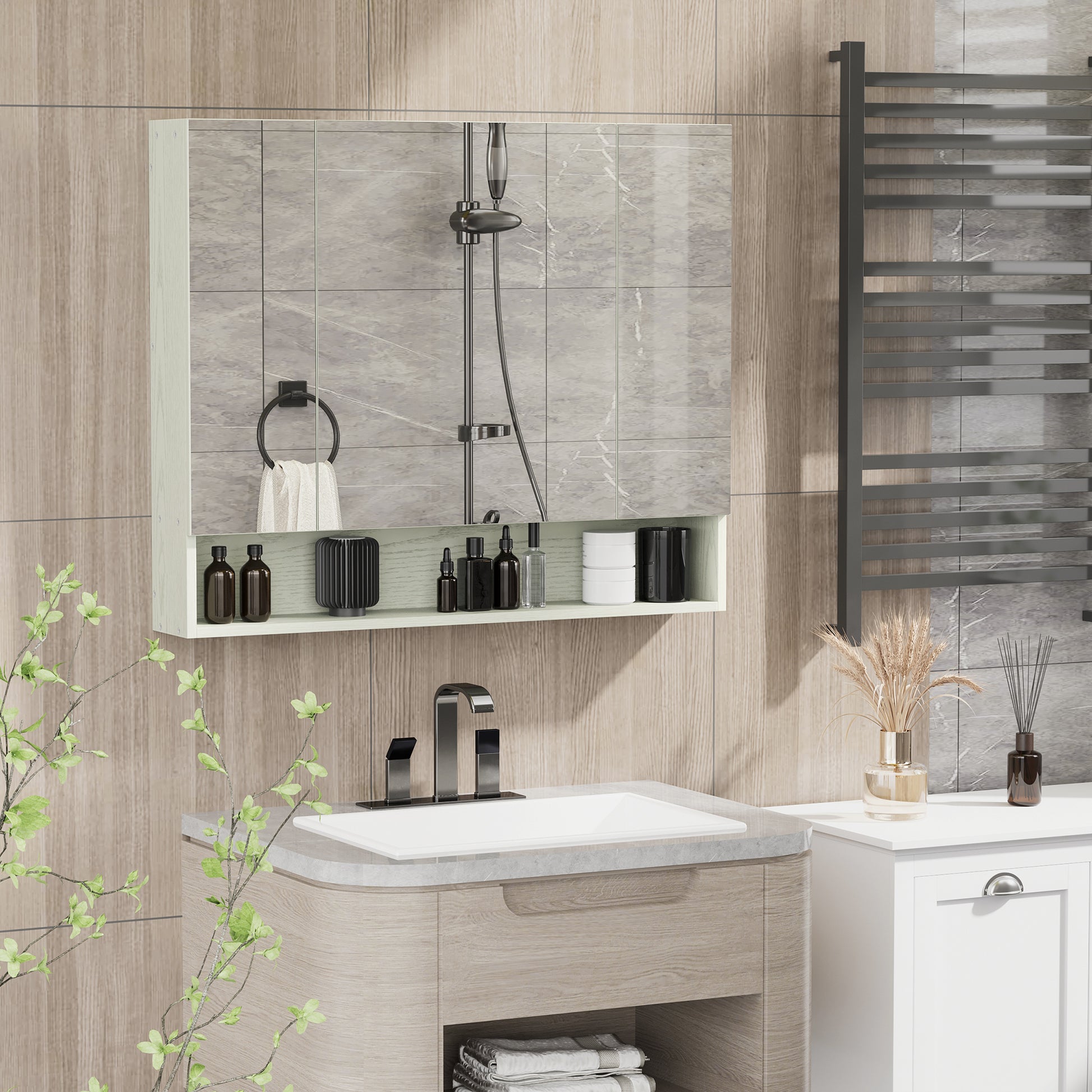 Bathroom Cabinet with Mirror Wall-Mounted Cabinet with 3 Doors Adjustable Shelf and Compartment Hanging Bathroom Furniture for Living Room 35.43x5.91x29.53 inches White