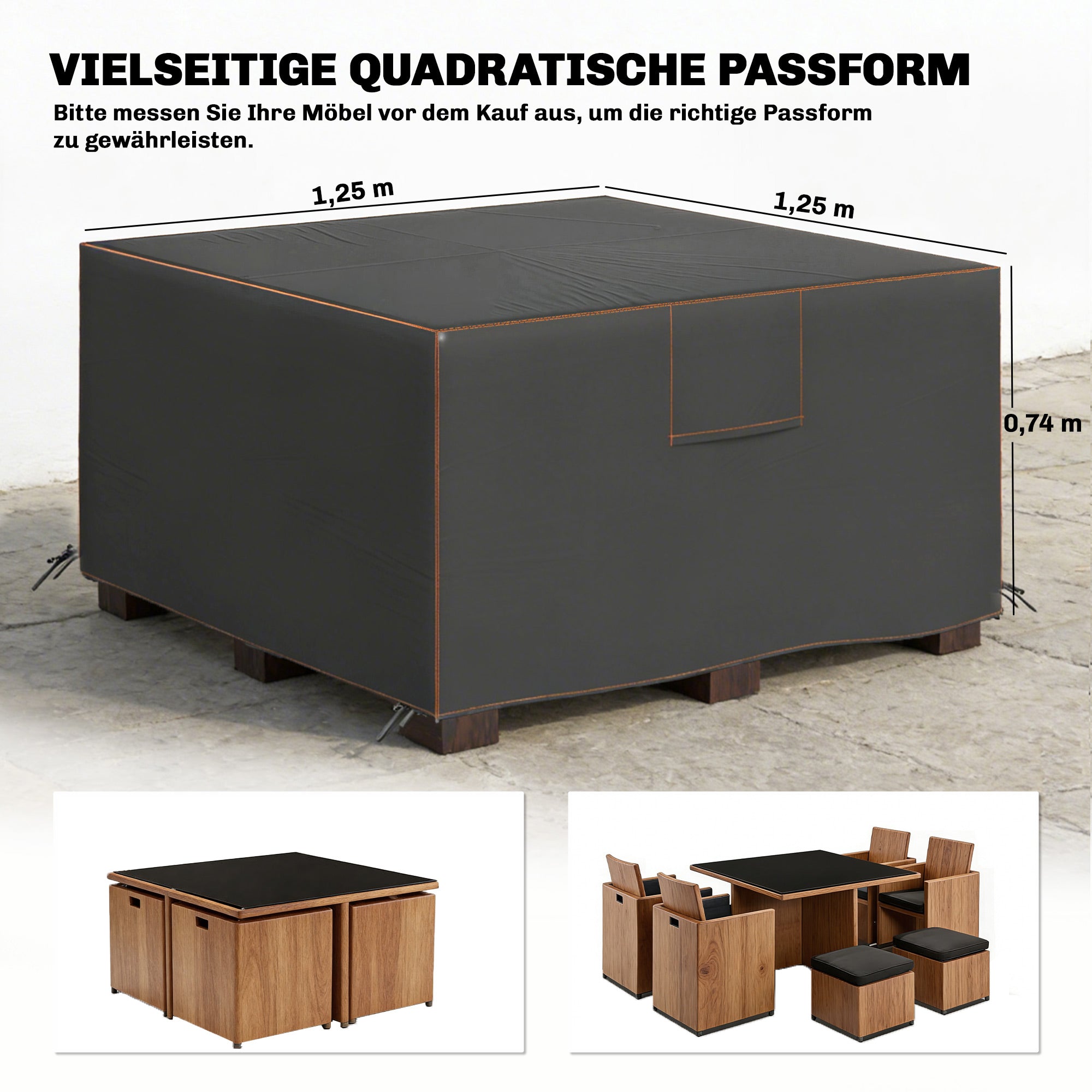 Patio Furniture Cover — Winterproof, Waterproof, Anti-UV, 420D Oxford, Windproof, Square 125 x 125 x 74 cm (Black)